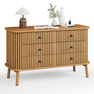 6 Drawer Dresser for Bedroom, Double Chest of Drawers, Boho Wooden Dresser with Handles, Storage Organizer for Closet, Living Room, Hallway, Entryway