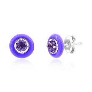 Simona Sterling Silver Enamel & Gemstone Halo Studs  - Garnet - Available Colors: Red, - 1 of 2