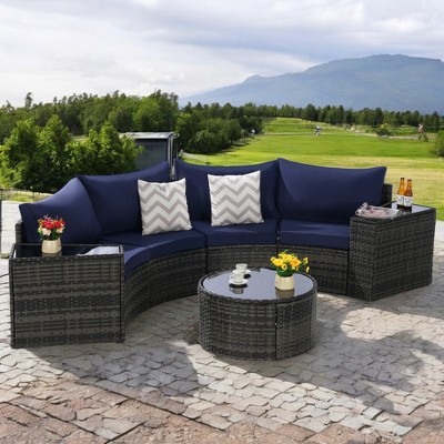 Mshliw 7-Piece Half-Moon Sectional Patio Furniture Set with Round Glass Coffee Table – Weather-Resistant Outdoor Sofa Set with Cushions-Dark Blue