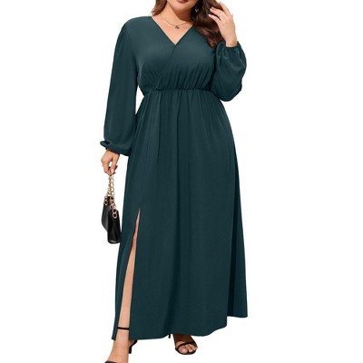 MISSKY Women Plus Size Maxi Dresses Long Lantern Sleeves Casual Wrap Split Dress