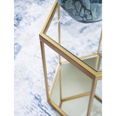 Veerwick Gold Hexagonal Glass Accent Table with Mirrored Inset