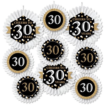Big Dot of Happiness Adult 30th Birthday - Gold - Hanging Birthday Party Tissue Decoration Kit - Paper Fans - Set of 9