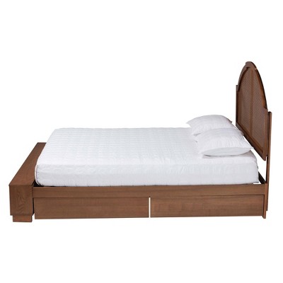 Walnut Brown Queen Bed with Rattan Headboard and Storage Drawers