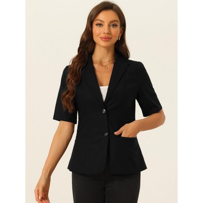 Женские куртки INSPIRE CHIC Women's Cotton Linen Button Office Business Short Sleeve Blazer Jacket Medium Black — фото 2