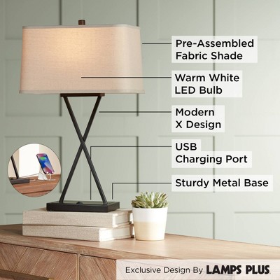 Megan Bronze Metal Table Lamps with USB and Fabric Shades, Set of 2