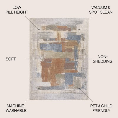 Cream and Multi Abstract Synthetic Washable 4' x 6' Rug