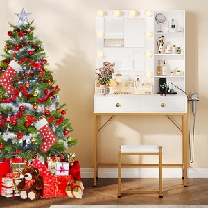 COZONY Vanity Desk Set w/ Mirror, 3 Lighting Modes, 2 Drawers, Charging Station & Stool for Bedroom/Dressing Rm - 1 of 4