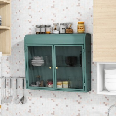 Chic Crate-Army Green 2-Door Wall-Mounted Metal Cabinet – Tempered Glass Shelves | Multi-Room | Bath, Kitchen, Office