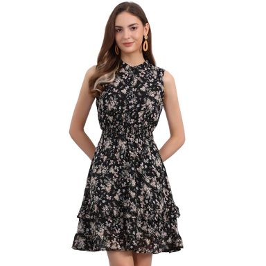 Allegra K Women's Floral Chiffon Shift Dress – Tie Waist, Ruffled Sleeves, Knee-Length, Lined