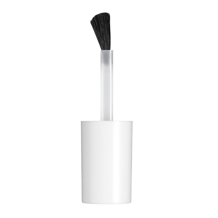 A white colored nail polish brush with a black bristle applicator.