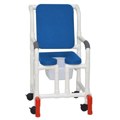 MJM International Corporation Shower Chair 18 In Width 3 In Blue Seat Blue Cushion Padded Back True Vertical Open 10 Qt Slide Mode Pail 300 Lb Wt