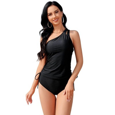 Womens 2 Piece Tankini Sets with Side Tie Ruched One Shoulder Swimwear Spaghetti Straps Solid Swimsuits for Summer, Pool, Bathing