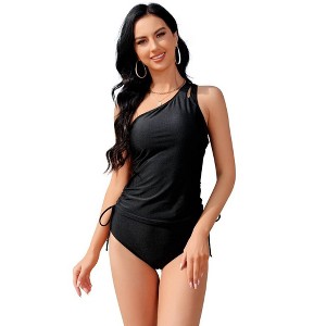 Womens 2 Piece Tankini Sets with Side Tie Ruched One Shoulder Swimwear Spaghetti Straps Solid Swimsuits for Summer, Pool, Bathing - 1 of 4