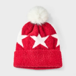 Girls' Star Jacquard Pom Beanie Knit Hat - Cat & Jack™ White/Red