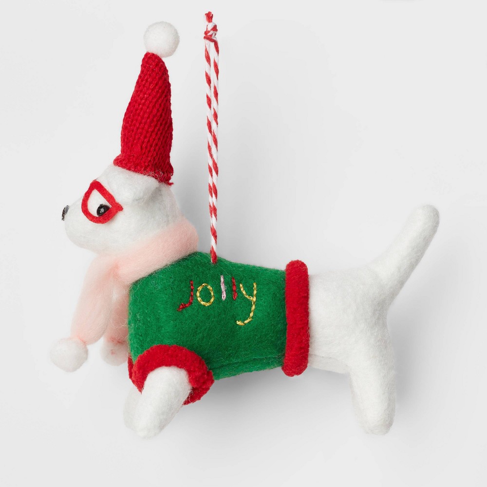 (Cases 36 )Fabric Dog Wearing 'Jolly' Sweater Christmas Tree Ornament White/Green - Wondershop™