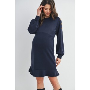 Hello Miz Women's Long Sleeve Round Neck Ruffle Hem Maternity Dress - 1 of 4