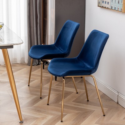 Blue Velvet Upholstered Side Chair with Gold Metal Legs, Set of 2