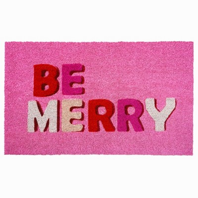 HomeRoots 17" X 29" Pink Red And White Christmas Outdoor Coir Door Mat