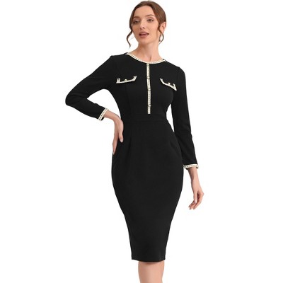 Allegra K Women's Elegant Tweed Contrast Button Decor Bodycon Midi Dresses