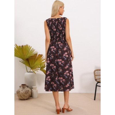 Женские платья INSPIRE CHIC Women's Summer Floral Midi Sleeveless Square Neck Flowy Sundress with Pockets Small Brown Red Floral — фото 3