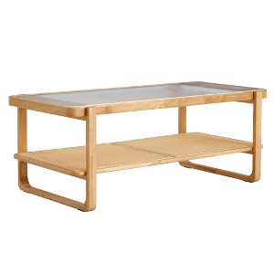 GDFStudio Ronald Modern Double-layer Solid Wood Glass 46" Rectangle Coffee Table with Rattan Weaving - 1 of 4
