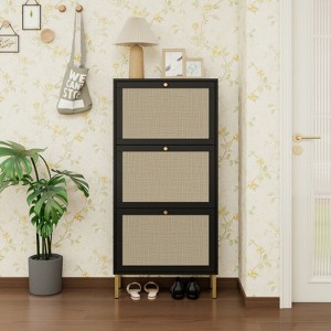ALEXOUN Rattan 3 Door Shoe Rack - Freestanding Shoe Storage Cabinet,Easy to Assemble & Spacious Organizer for Entryway, Living Room,Porch - 1 of 4