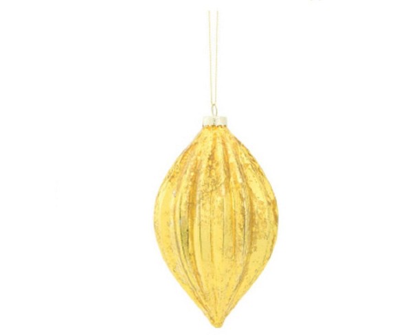 Melrose 6" Rib Striped Mercury Glass Pendant Christmas Ornament - Amber Gold