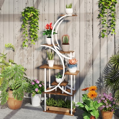 Carbonized Finish White Steel and Fir Wood 8-Tier S-Shaped Plant Stand