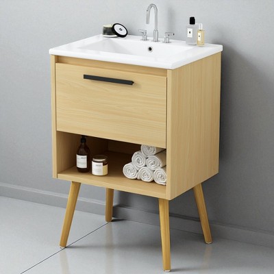 24" Natural Wood Bathroom Vanity with Ceramic Sink, Freestanding MDF Cabinet with Drawer and Open Shelf, Modern Style