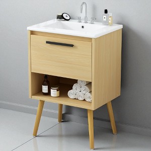 24" Natural Wood Bathroom Vanity with Ceramic Sink, Freestanding MDF Cabinet with Drawer and Open Shelf, Modern Style - 1 of 4