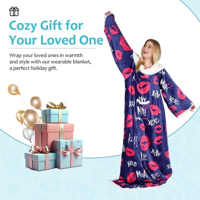Catalonia Blue and Red Fleece Sherpa Wearable Blanket with Sleeves
