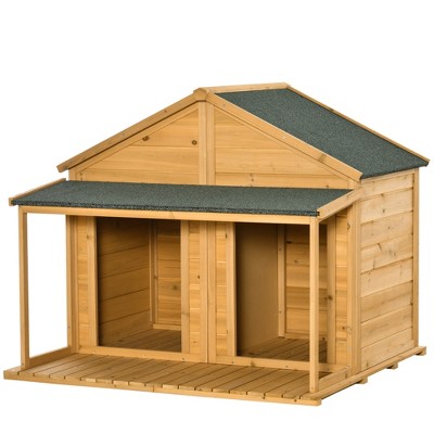 Medium Natural Wood Duplex Dog House with Porch