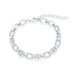 Bella Silver Sterling Silver, Alternating Polished & Oval CZ Link Bracelet - Silver - 7+2 Inch - 1 of 2