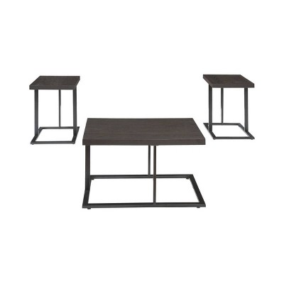 Set of 3 Metal Base Tables with Floating Wooden Top Black - Benzara