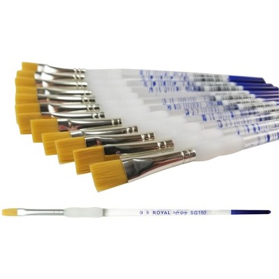 Royal Brush Soft Grip Flat Golden Taklon Fiber Non-Slip Rubber Grip Acrylic Handle Paint Brush, Size 8, pk of 12