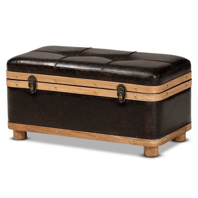 Gendry Rustic Faux Leather Upholstered and Wood Storage Ottoman Dark Brown/Oak Brown - Baxton Studio