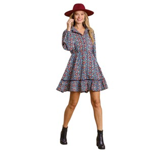 Slickblue Collared Button Down Floral Print Dress – Crochet Trimmed Details in Vibrant Orange Mix & Navy Mix, S-L - 1 of 3