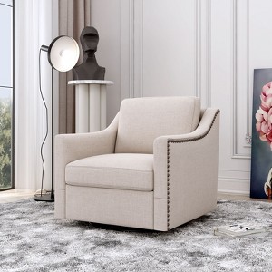 Sapphtopaz Cotton Linen Swivel Accent Chair, Upholstered Swivel Comfy Chair Armchair with Brass Nail Decorative, Accent Chairs for Living Room - 1 of 4