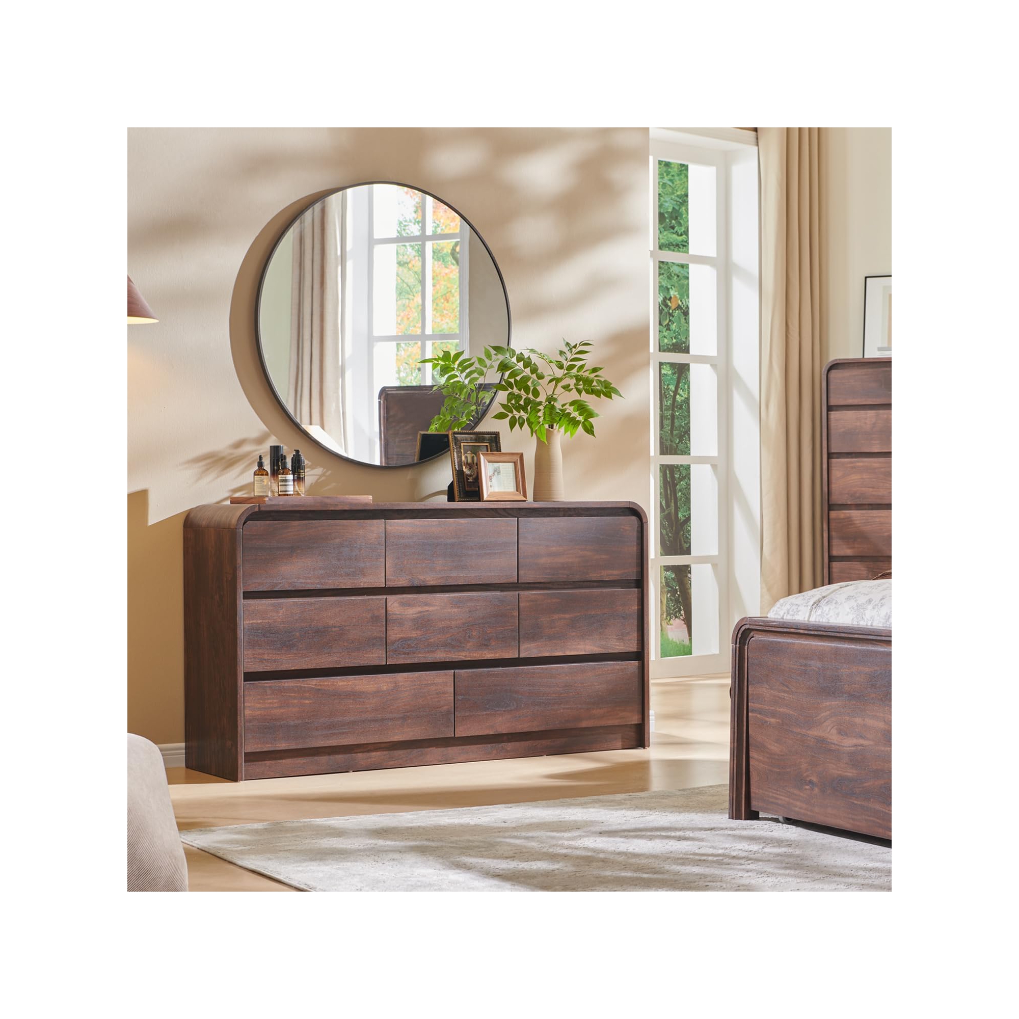 SinCiDo Modern 8 Drawer Dresser, Curved Profile Design, 55" Wide Mid Century Wood Storage Organizer for Bedroom, Living Room, Brown
