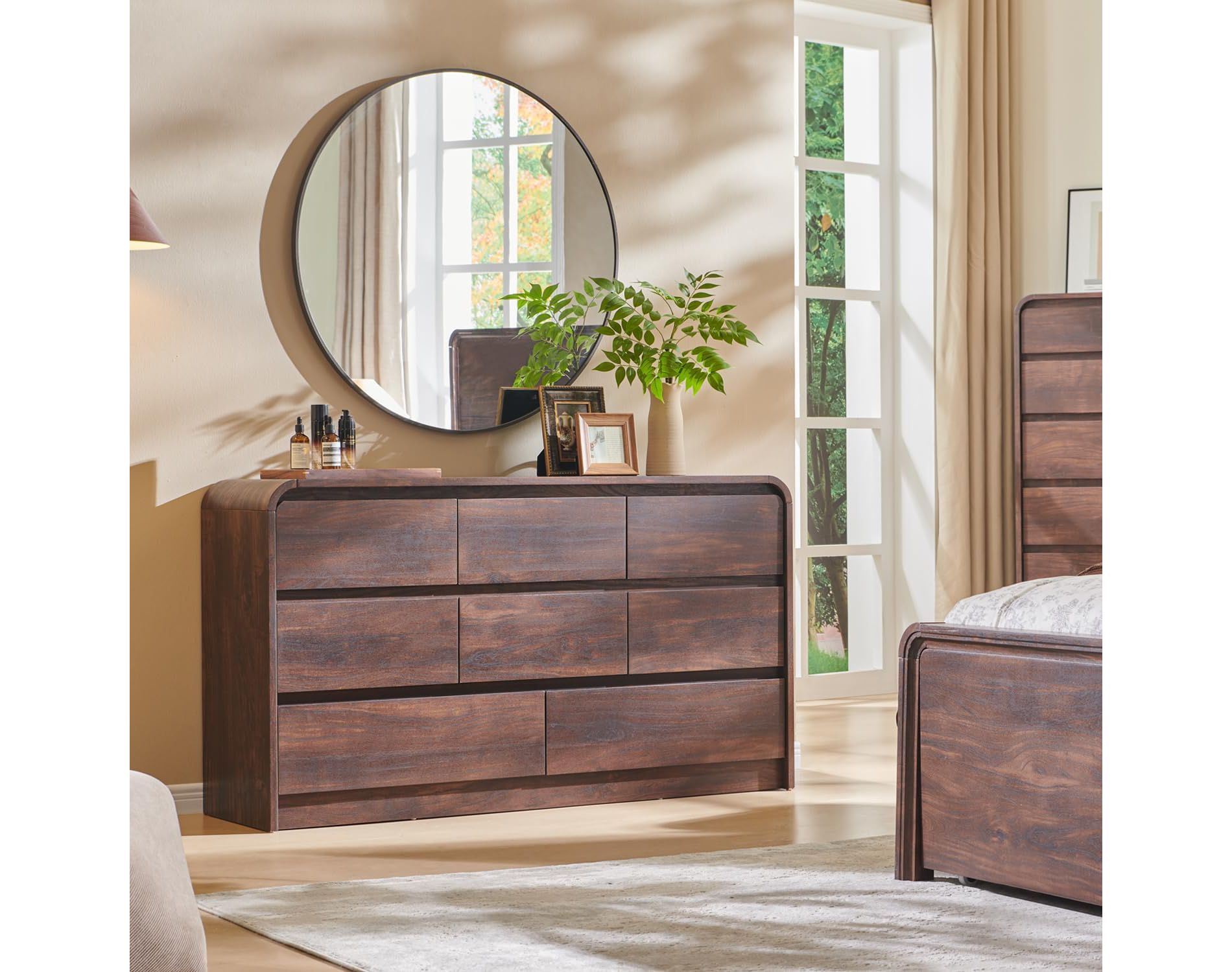 SinCiDo Modern 8 Drawer Dresser, Curved Profile Design, 55" Wide Mid Century Wood Storage Organizer for Bedroom, Living Room, Brown