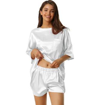 cheibear Women's Soft Satin Short Sleeve T-Shirt and Shorts with Pockets Pajama Sets 2 Pcs