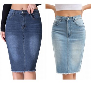 INSPIRE CHIC Women's Raw Hem High Waisted Pockets Stretch Knee Length Jean Denim Skirt 2 Packs - 1 of 4