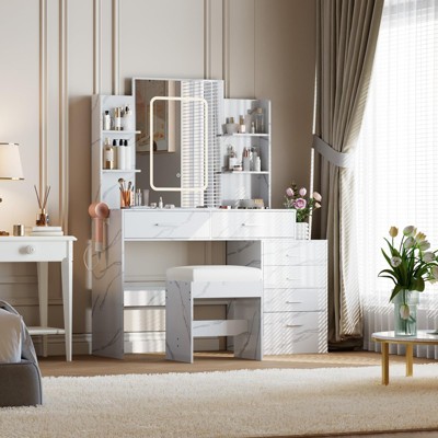 Vanity Desk with Mirror, LED Lights, Power Outlet, Makeup Vanity Table with 6 Drawers