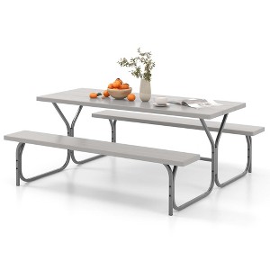 Costway 6 FT Picnic Table Bench Set Outdoor Dining Table & 2 Benches with Metal Frame Green/White/Black/Grey - 1 of 4