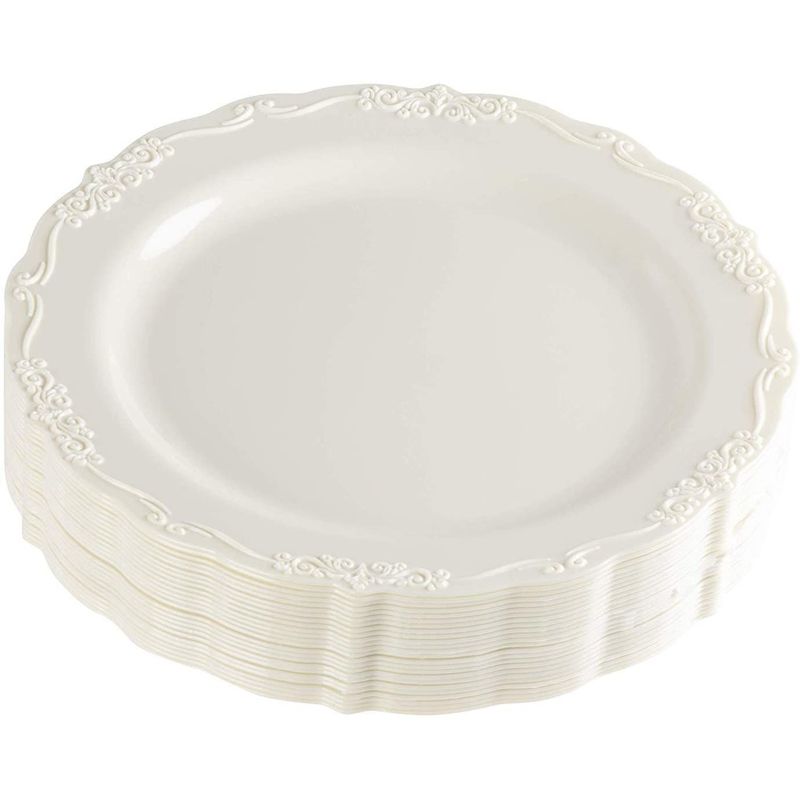 Juvale 25 Pack Disposable Plastic Dinner Plates Party Supplies, Cream with Fine Detailing (10 Inches), 4 of 8