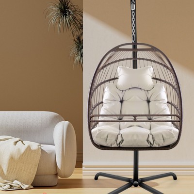 VisioGear Egg Chairs, Patio Egg Chair with Stand, Patio Hanging Egg Chair with Cup Holder for Bedroom Living Room Balcony, Beige & Brown, 38"*38"*78"
