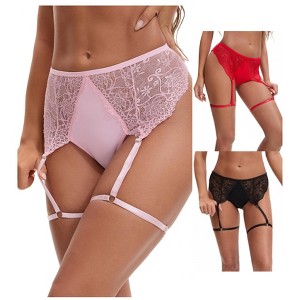 INSPIRE CHIC Women's 3 Pcs Perspective Lace Hipsters Hollow Out Panties with Adjustable Garters - 1 of 4