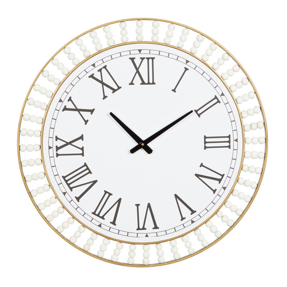 Photos - Wall Clock 24"x24" Metal  with Gold Frame and Radial Beading White - Olivia