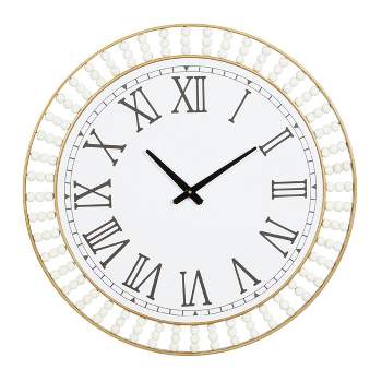 24"x24" Metal Wall Clock with Gold Frame and Radial Beading White - Olivia & May