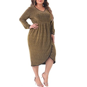 Agnes Orinda Women's Plus Size Sequin Sparkly Glitter Long Sleeve V Neck High Slit Party Cocktail Midi A Line Dresses - 1 of 4